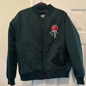 Black Quilted Bomber Jacket with Rose Patch